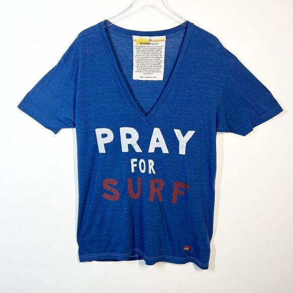 Aviator Nation Unisex Men and Women Size XL Blue Pray for Surf V-Neck T-Shirt - Picture 8 of 8